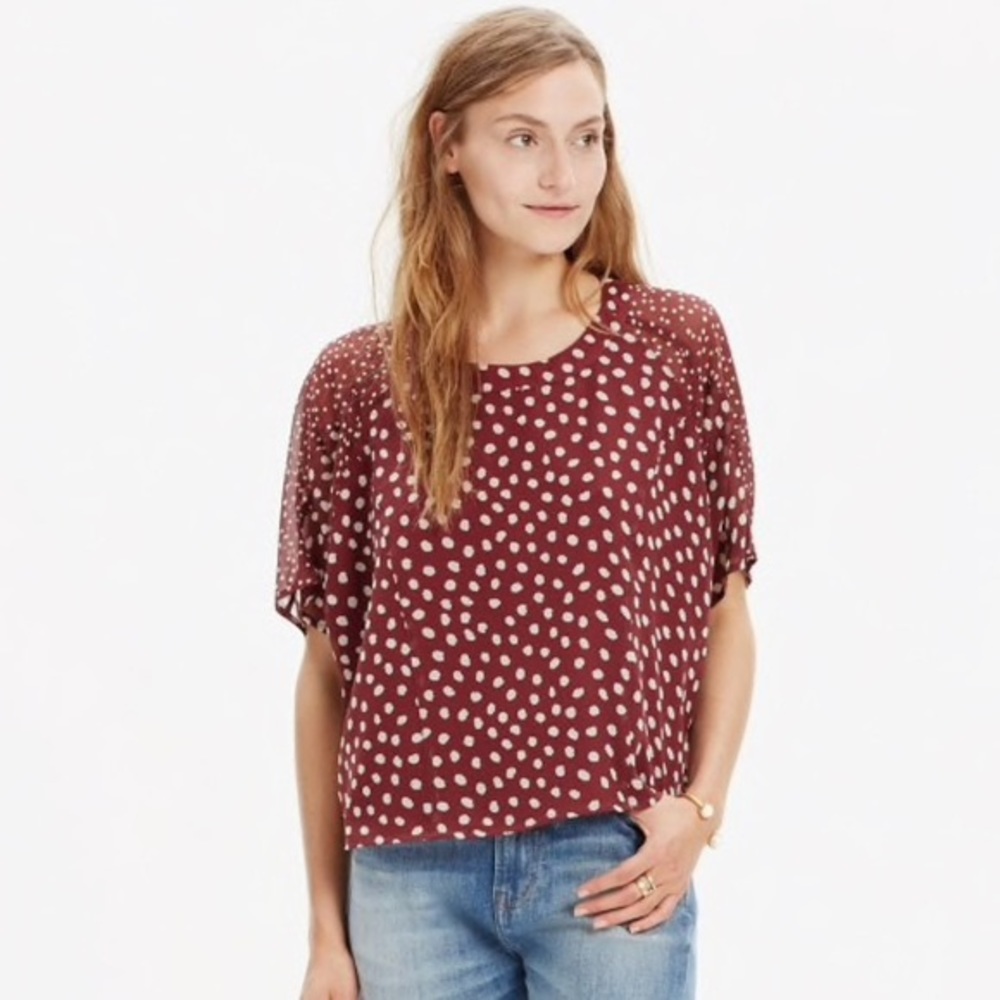 Madewell Burgundy Silk Prose Top in Paintbrush Dot